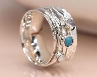 Personalised Sterling Silver Turquoise, Moonstone and Pearl Spinner Ring