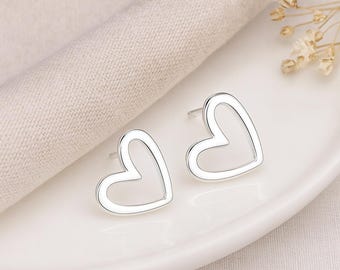 Silver Heart Stud Earrings • Asymmetric Cut-Out Hearts • Sterling Silver Gift for Her • Minimal Jewellery • Everyday Studs • Love Earrings •