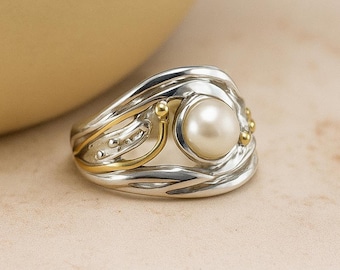 Molten Sterling Silver Organic White Freshwater Pearl Ring