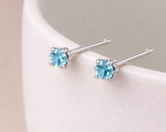 Sterling Silver Aquamarine Micro Stud Earrings – 3mm