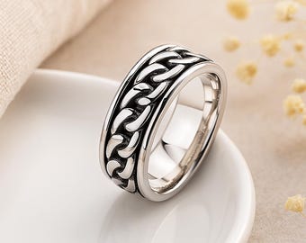 Personalised Mens Sterling Silver Oxidised Chain Spinning Ring