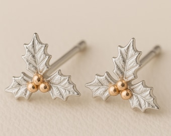Sterling Silver December Birth Flower Holly Stud Earrings