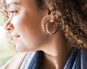 Hammered Hoop Earrings • 40mm Large Silver-Plated Hoops • Textured Statement Earrings • Lightweight Everyday Gift for Her •