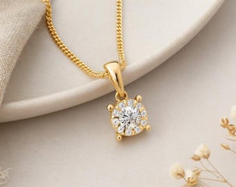Diamond Cluster Pendant • Natural April Birthstone • Personalised 9ct Yellow Gold Dainty Gemstone Necklace Charm • Birthday Gift for Her