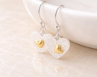 Sterling Silver And Gold Plated Double Heart Hook Drop Earrings
