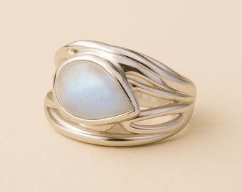 Molten Sterling Silver Teardrop Rainbow Moonstone Ring