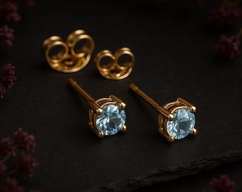Solid 9ct Gold March Aquamarine Birthstone Stud Earrings