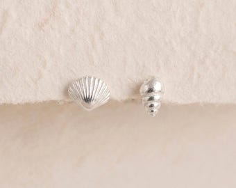 Mismatched Sea Shell Stud Earrings in Sterling Silver