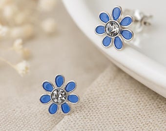 Girls Sterling Silver Blue Forget Me Not Flower Stud Earrings