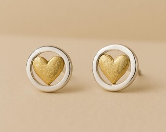 Sterling Silver Halo Stud Earrings With Golden Hearts