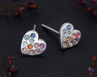 Sterling Silver Rainbow Heart Stud Earrings