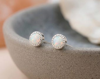 Tiny Round Opal Stud Earrings in Star Cut Sterling Silver