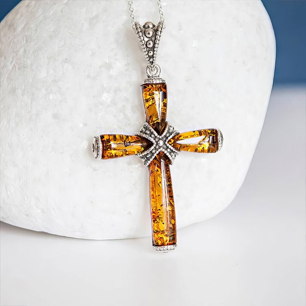 Sterling Silver Baltic Amber Cross Necklace