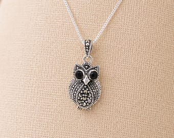 Personalised Sterling Silver Marcasite Owl Pendant Necklace
