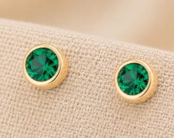 7mm Gold Plated Sterling Silver May Emerald Birthstone Stud Earrings