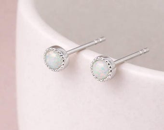 Hammered Sterling Silver Opal Micro Stud Earrings – 4mm