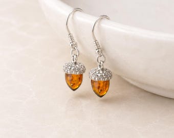 Small Sterling Silver Baltic Amber Acorn Hook Drop Earrings