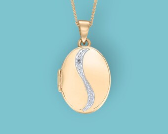 Genuine Diamond Swash Locket in 9ct Gold, Two Photo Locket, Gold Locket, Keepsake Memorial Jewellery, 9ct Yellow Gold, 9ct White Gold