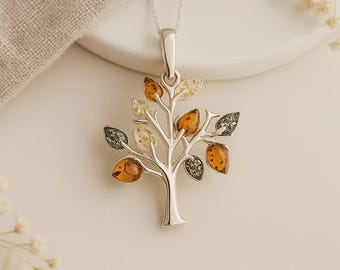 Amber Tree of Life Pendant • Personalised Sterling Silver & Baltic Amber Necklace • Family Tree Jewellery • Nature Gift for Her •