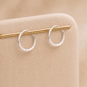 Könnte beinhalten: Ein Paar kleine, kreisförmige Silber-Creolen mit einer texturierten, gehämmerten Oberfläche. Die Ohrringe hängen an einer dünnen, horizontalen, goldfarbenen Metallstange und zeigen ihre reflektierende metallische Oberfläche.
