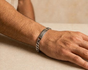 Personalised Mens Silver Curb Chain ID Bar Bracelet In Stainless Steel