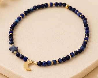 Personalised Waterproof Gold Plated Lapis and Crescent Moon Bead Bracelet