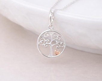 Personalised Sterling Silver And Rose Gold Tree Of Life Heart Pendant Necklace