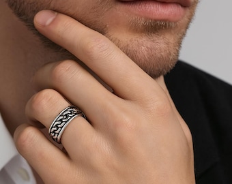 Men’s Personalised Oxidised Sterling Silver Chain Spinner Ring – 8mm