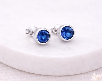 Sterling Silver September Sapphire Birthstone Stud Earrings – 7mm