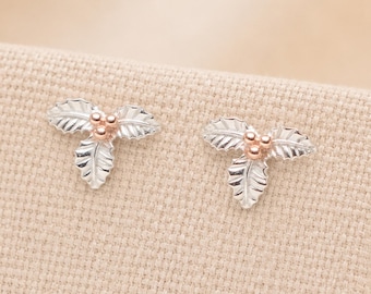 8mm Sterling Silver And Rose Gold Holly Flower Stud Earrings