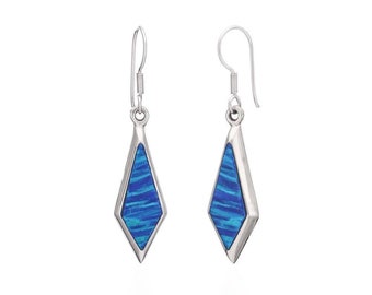 Sterling Silver Blue Opal Diamond Drop Earrings