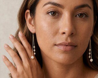 Gold Plated Sterling Silver Multi Freshwater Pearl Long Chain Drop Earrings
