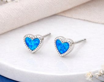 Sterling Silver Blue Opal Heart Stud Earrings – 5mm