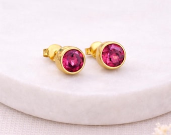 Gold Plated Sterling Silver October Pink Tourmaline Birthstone Stud Earrings – 7mm
