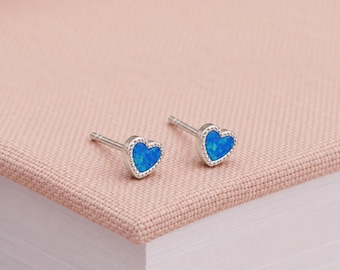 5mm Sterling Silver Blue Opal Heart Stud Earrings