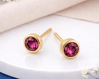 Gold Plated Sterling Silver October Pink Tourmaline Birthstone Stud Earrings – 7mm