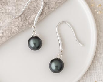 Sterling Silver Black Freshwater Pearl Drop Earrings – 8mm