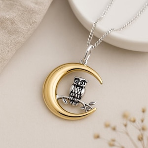 Sterling Silver Owl Moon Pendant: 18ct Gold Crescent Necklace