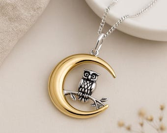 Owl Moon Pendant • Sterling Silver & 18ct Gold Plate • Personalised Celestial Charm Necklace • Night Sky Nature Gift Jewellery