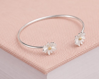 Adjustable Sterling Silver Daisy Cuff Bangle Bracelet