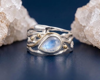 Molten Sterling Silver Rainbow Moonstone Teardrop Ring