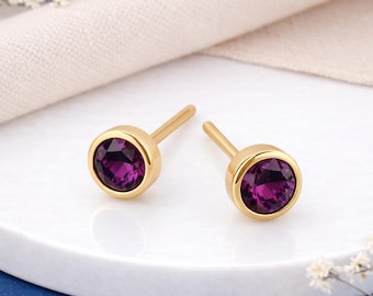 Gold Plated Sterling Silver February Amethyst Birthstone Stud Earrings – 7mm