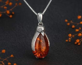 Personalised Sterling Silver Baltic Amber Penguin Necklace