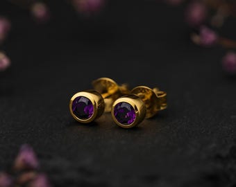 Gold Plated Sterling Silver February Amethyst Birthstone Stud Earrings