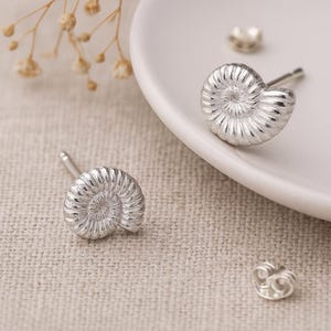 Ammonite Stud Earrings • Sterling Silver Fossil Studs • Nature Jewellery • Dainty Gift for Her • Sea Shell Inspired Earrings •