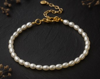 Yellow Gold Plated Slim White Pearl Bracelet