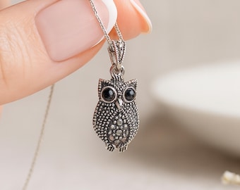 Personalised Sterling Silver Marcasite Owl Pendant Necklace