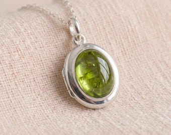 Personalised Peridot Engraved Photo Locket Necklace in Sterling Silver