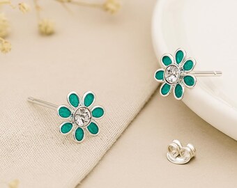 Tiny Sterling Silver Teal Forget Me Not Flower Stud Earrings