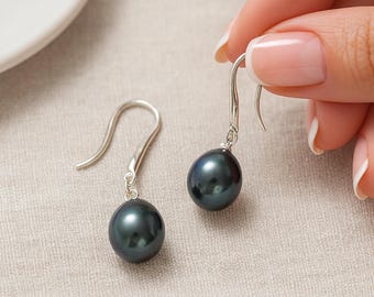Sterling Silver Black Freshwater Pearl Drop Earrings – 8mm
